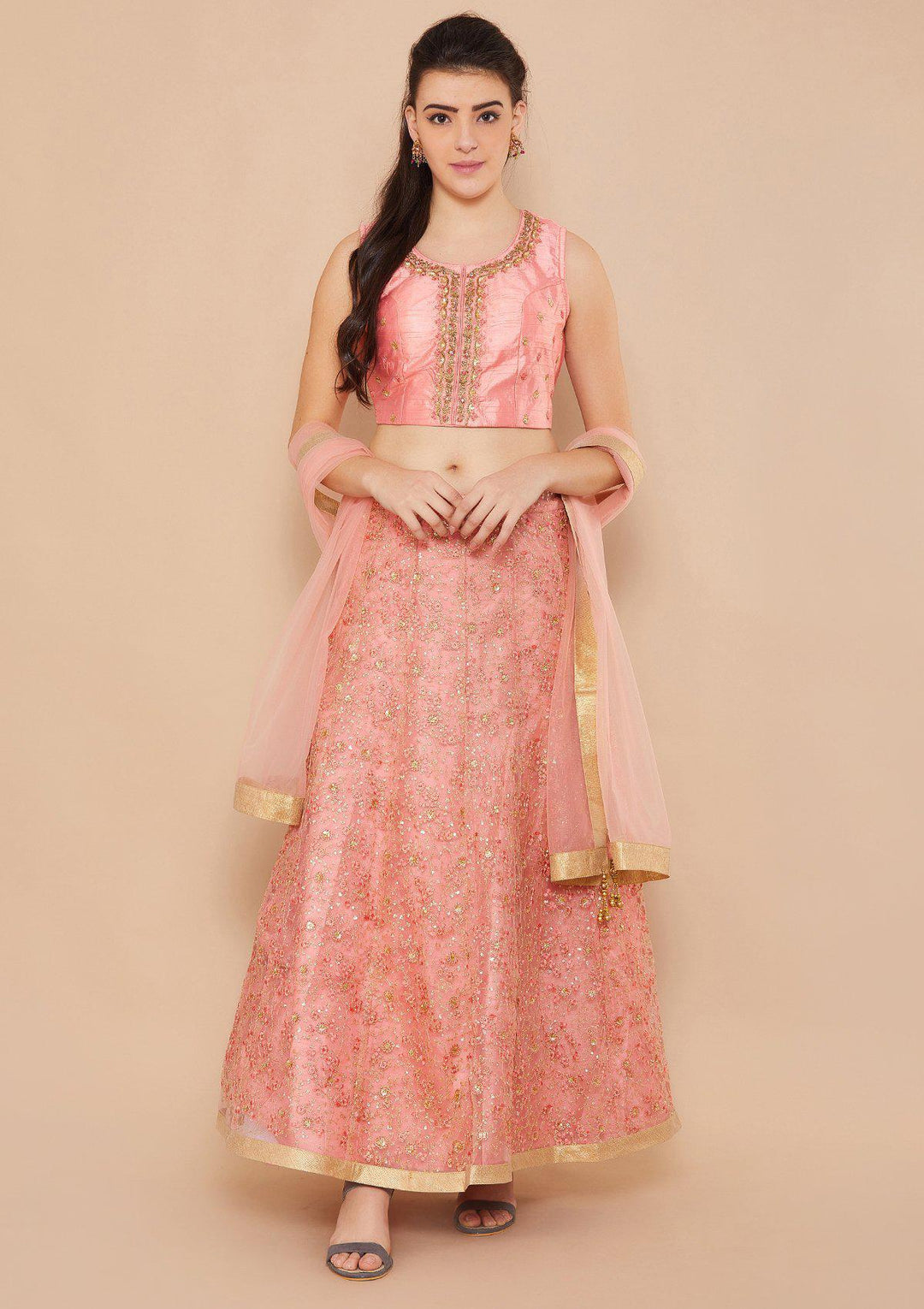 Pink Sequinned Net Designer Lehenga-Koskii