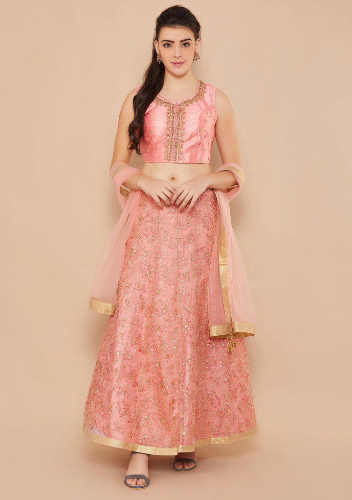 Pink Sequinned Net Designer Lehenga-Koskii