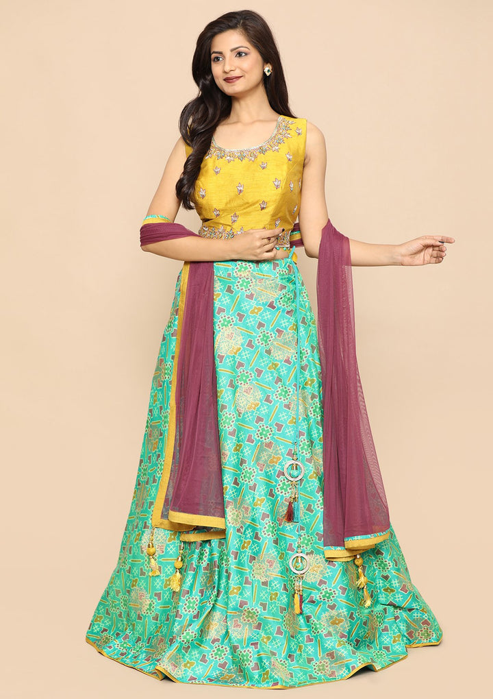 Green Thread Work Silk Designer Lehenga-Koskii
