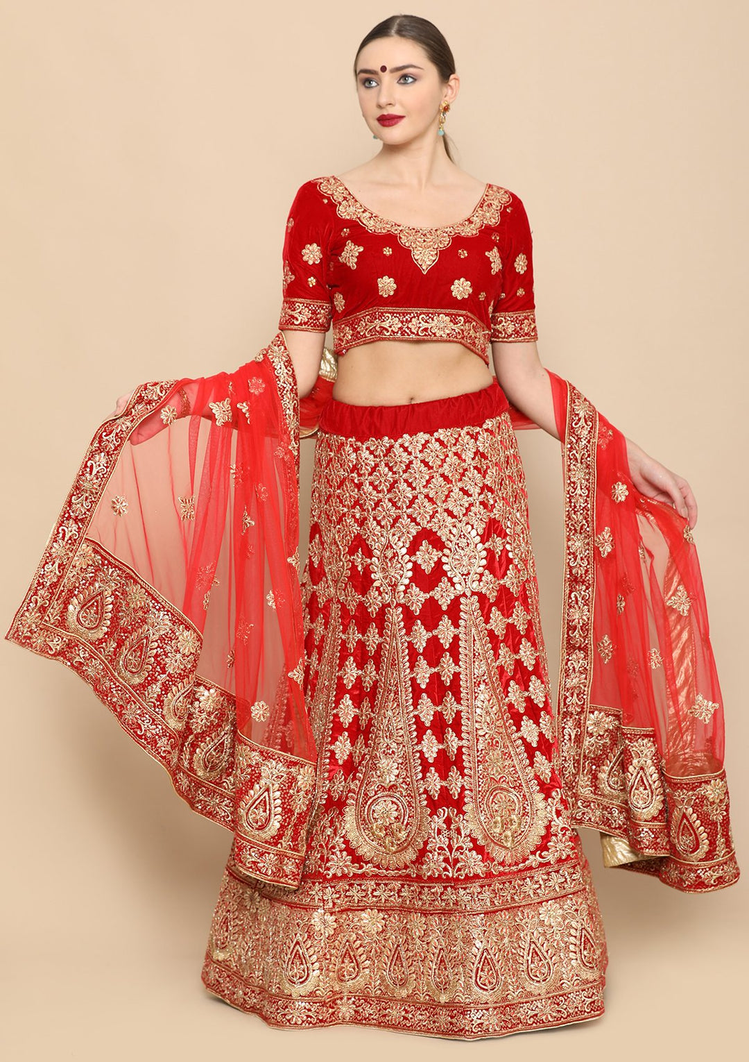 Red Gota Patti Work Velvet Designer Lehenga-Koskii