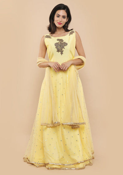 Yellow Zardozi Floral Motif Designer Gown-Koskii