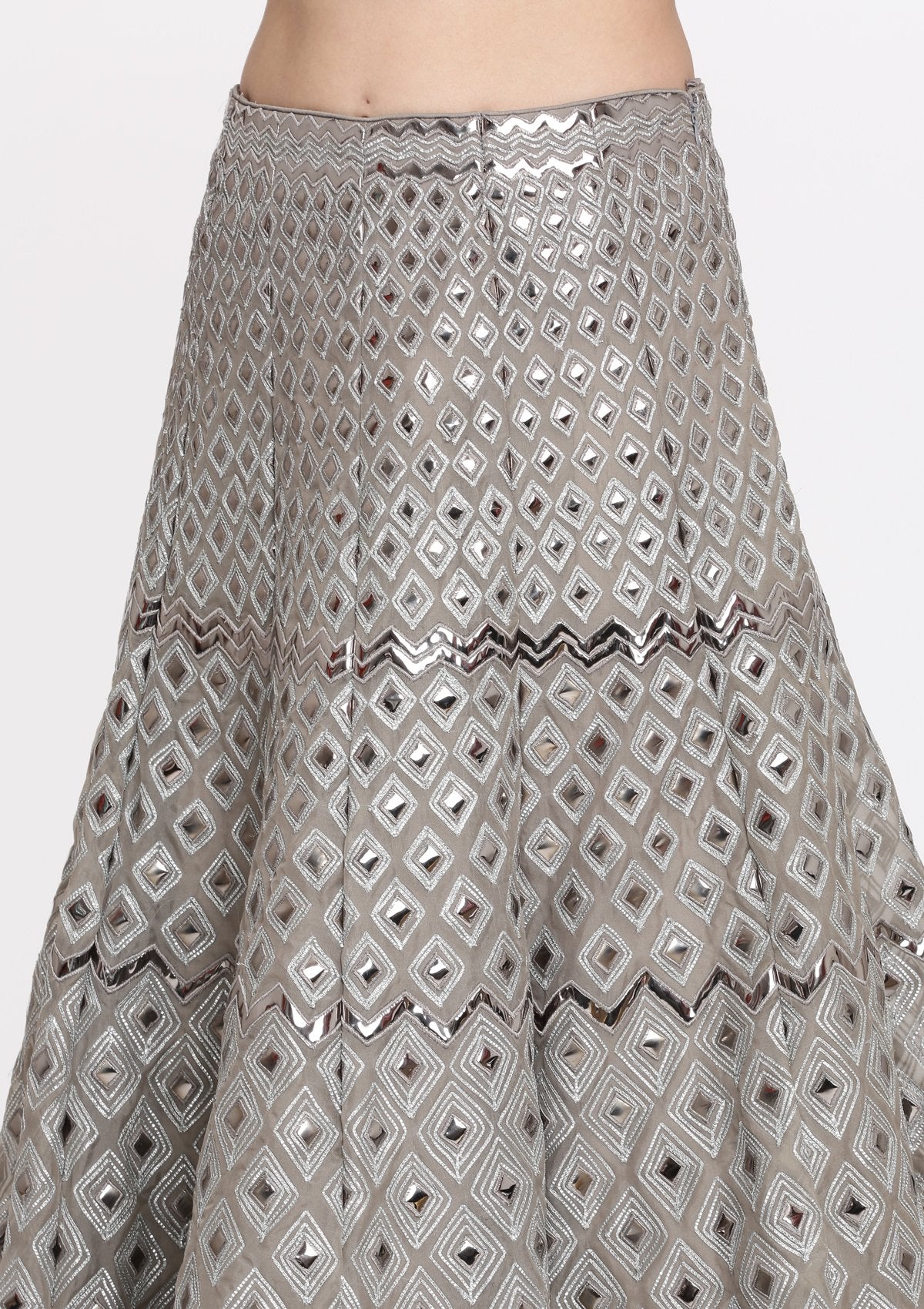 Grey Mirrorwork Tissue Designer Lehenga-Koskii