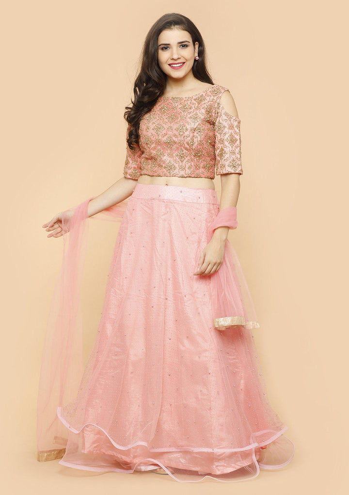 Coral Pink Pearl Silk Designer Lehenga-Koskii
