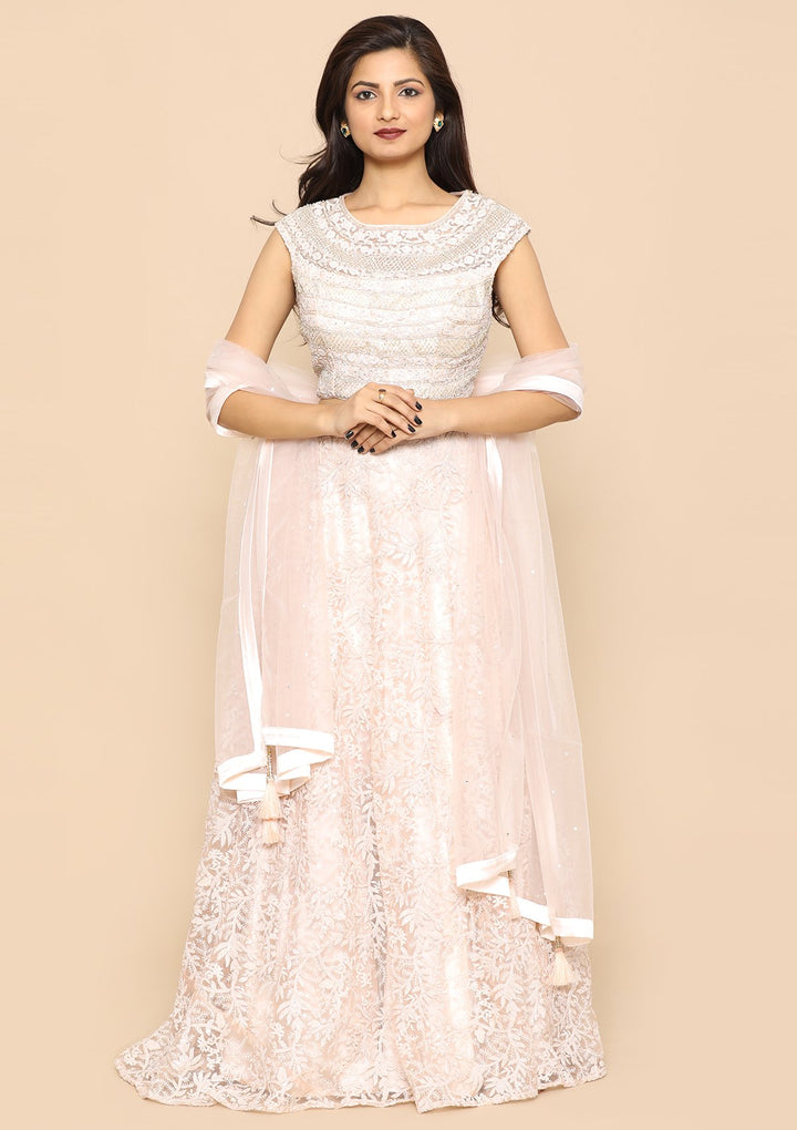 Pink Pearl Embellished Satin Designer Lehenga-Koskii
