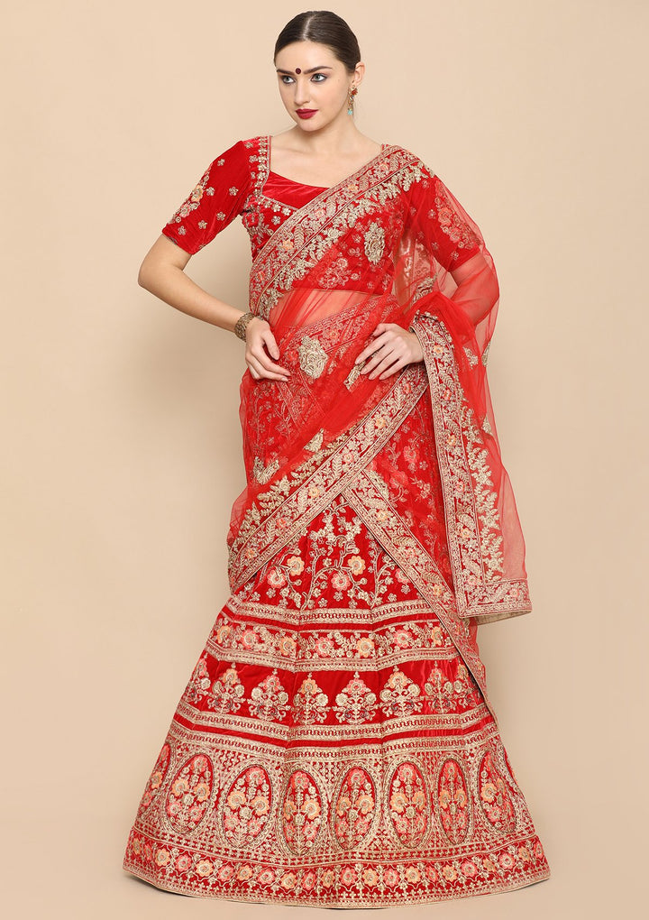 Red Zari Work Velvet Designer Lehenga-Koskii