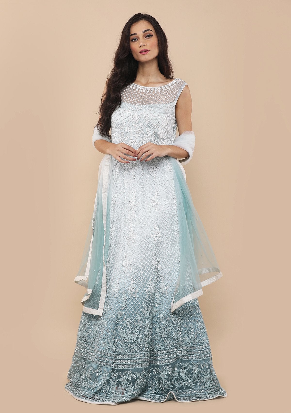 Sky Blue and White Ombre Designer Gown-Koskii