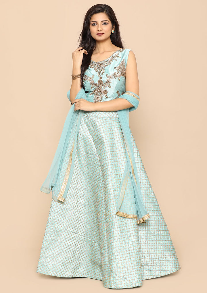 Sea Green Micro Stone Net Designer Lehenga-Koskii