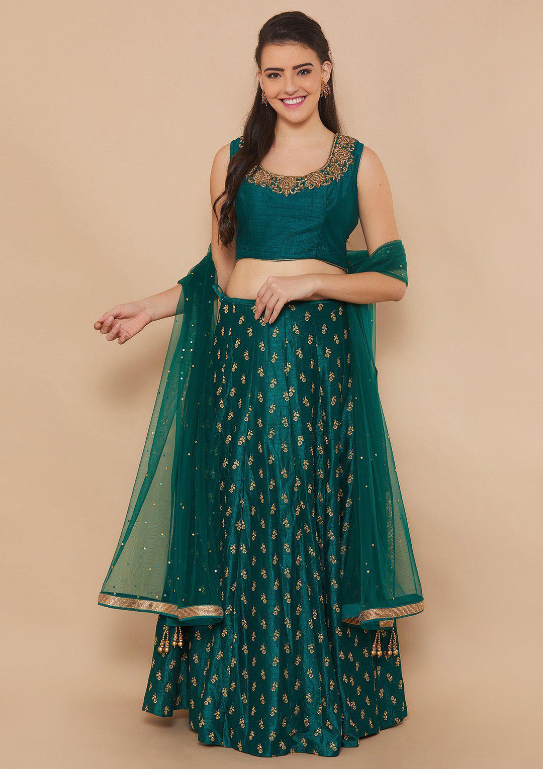 Koskii Zariwork Raw Silk Forest Green Lehenga-Koskii