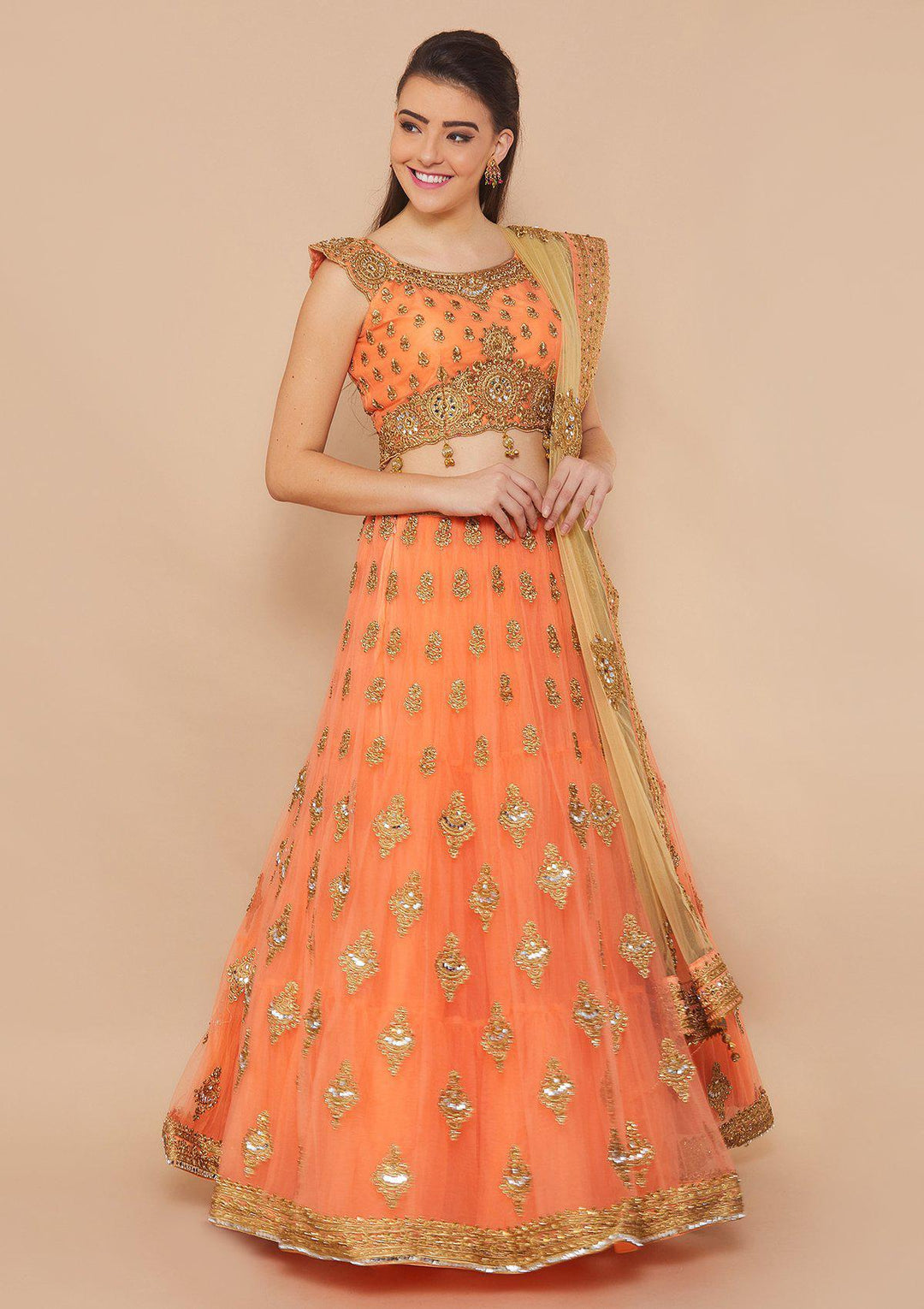 Koskii Zariwork Net PEACH Lehenga-Koskii