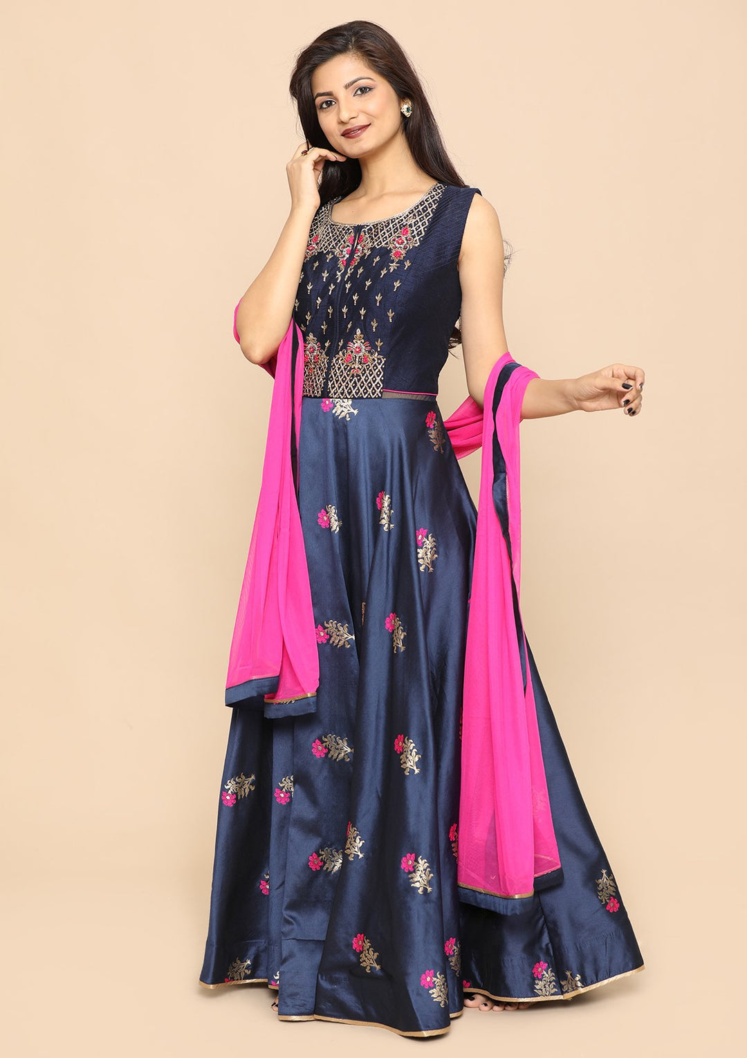 Navy Blue Zari Work Silk Designer Gown-Koskii