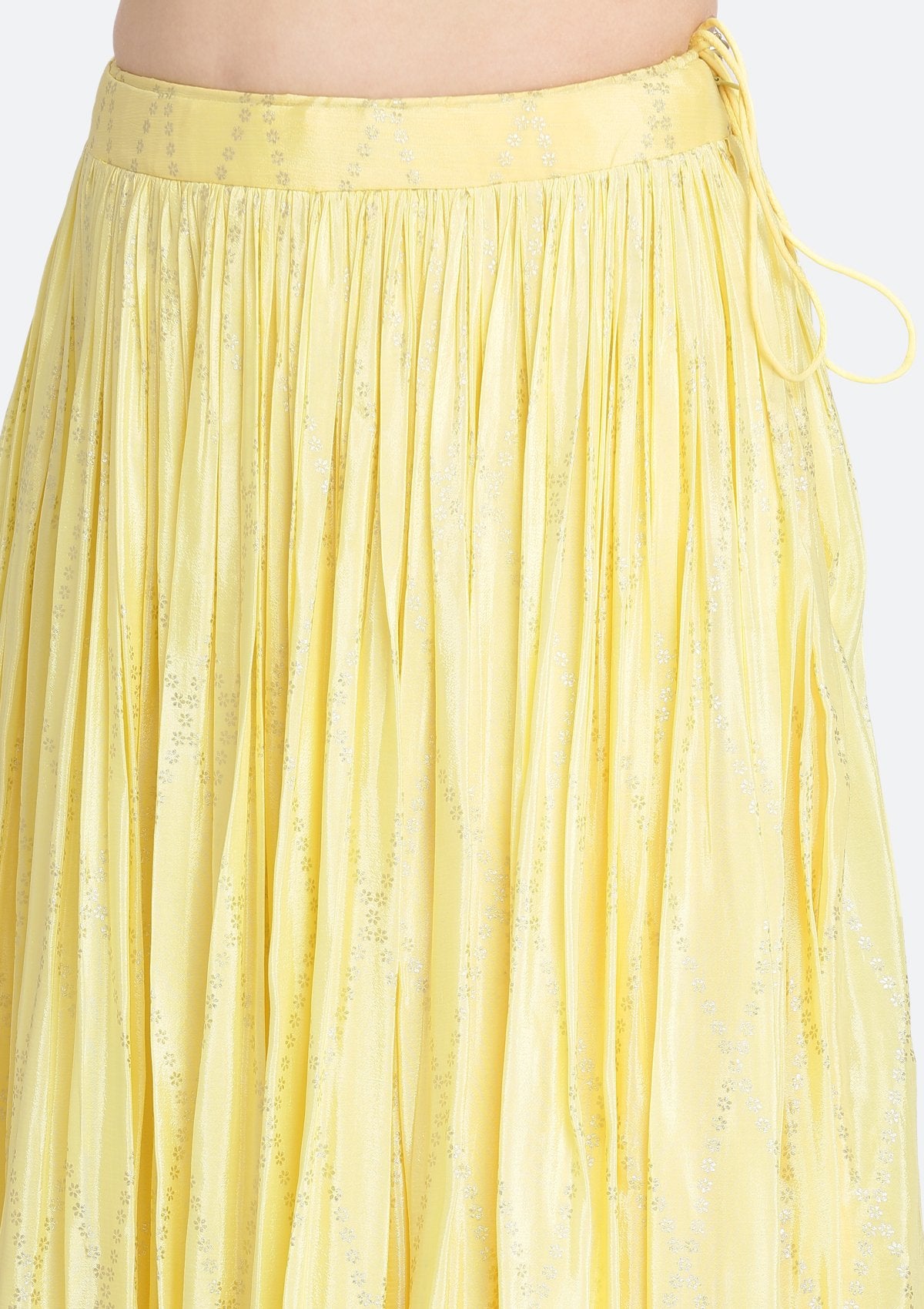Yellow and Off-White Mirrorwork Satin Designer Lehenga-Koskii
