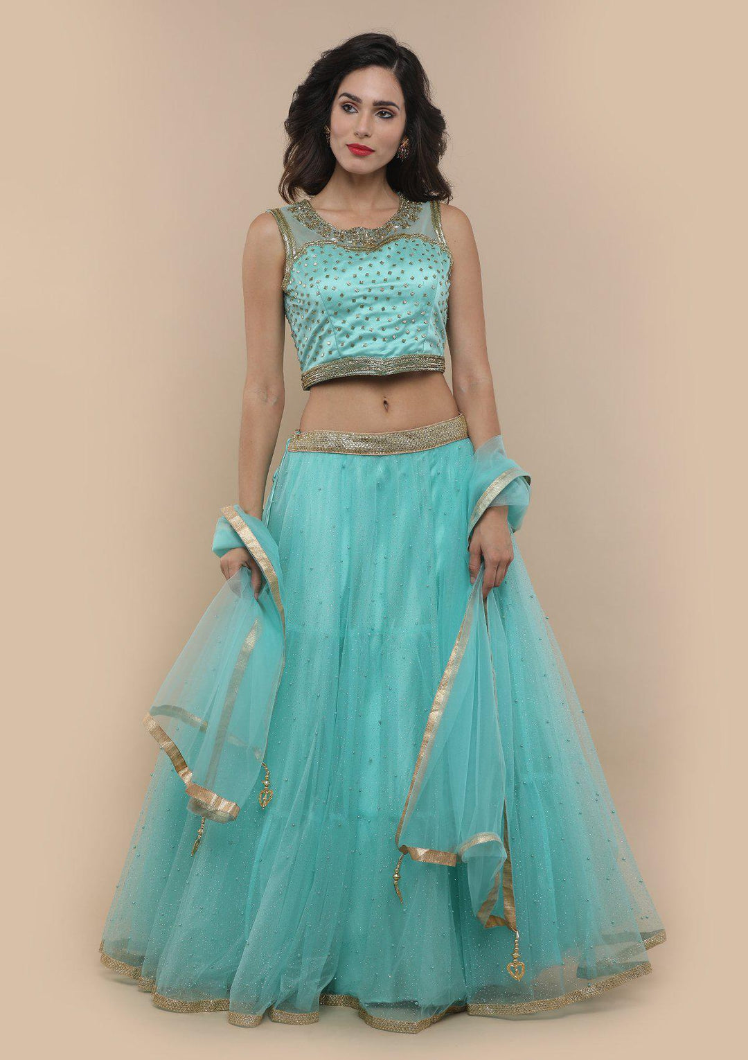 Sea Green Pearl Work Net Designer Lehenga-Koskii