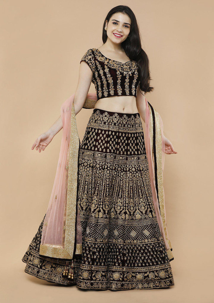Maroon and Pink Embellished Velvet Designer Lehenga-Koskii