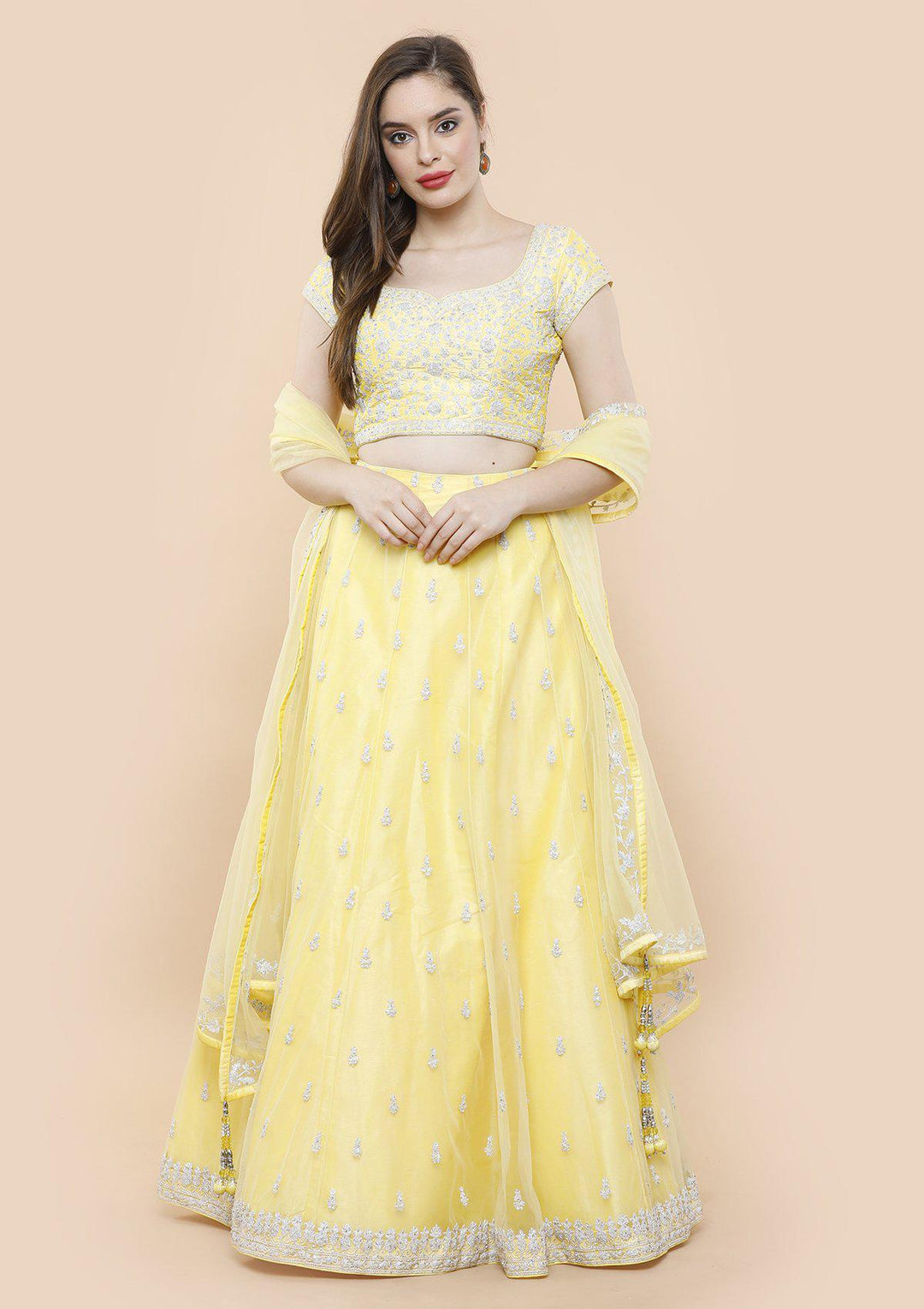 koskii lemon yellow thread work bridal lehenga-Koskii