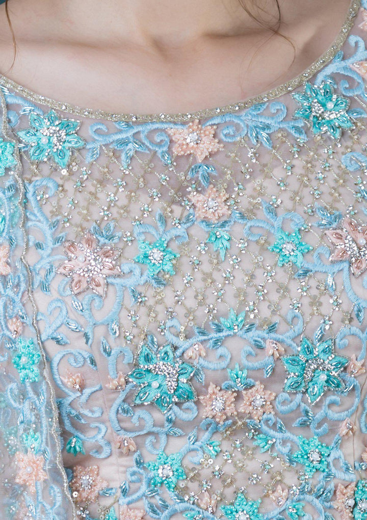 Beige Threadwork Net Designer Lehenga-Koskii
