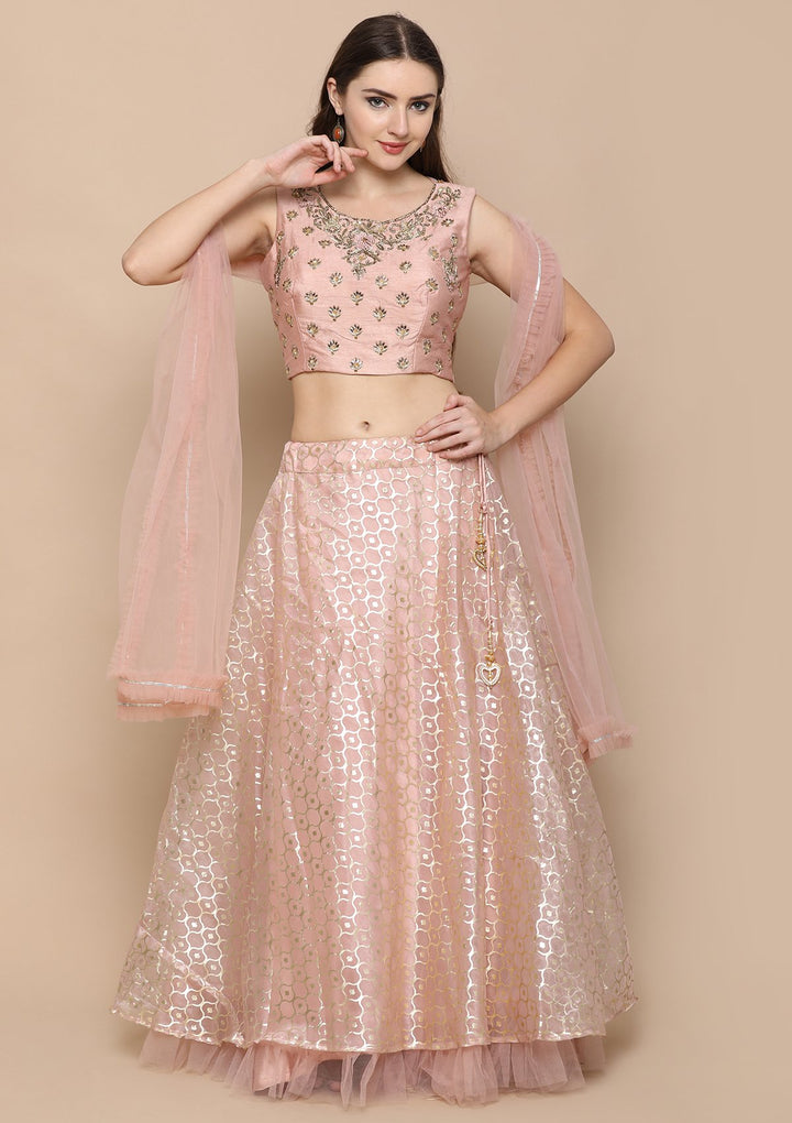 Peach Pink Zardozi Work Brocade Designer Lehenga-Koskii