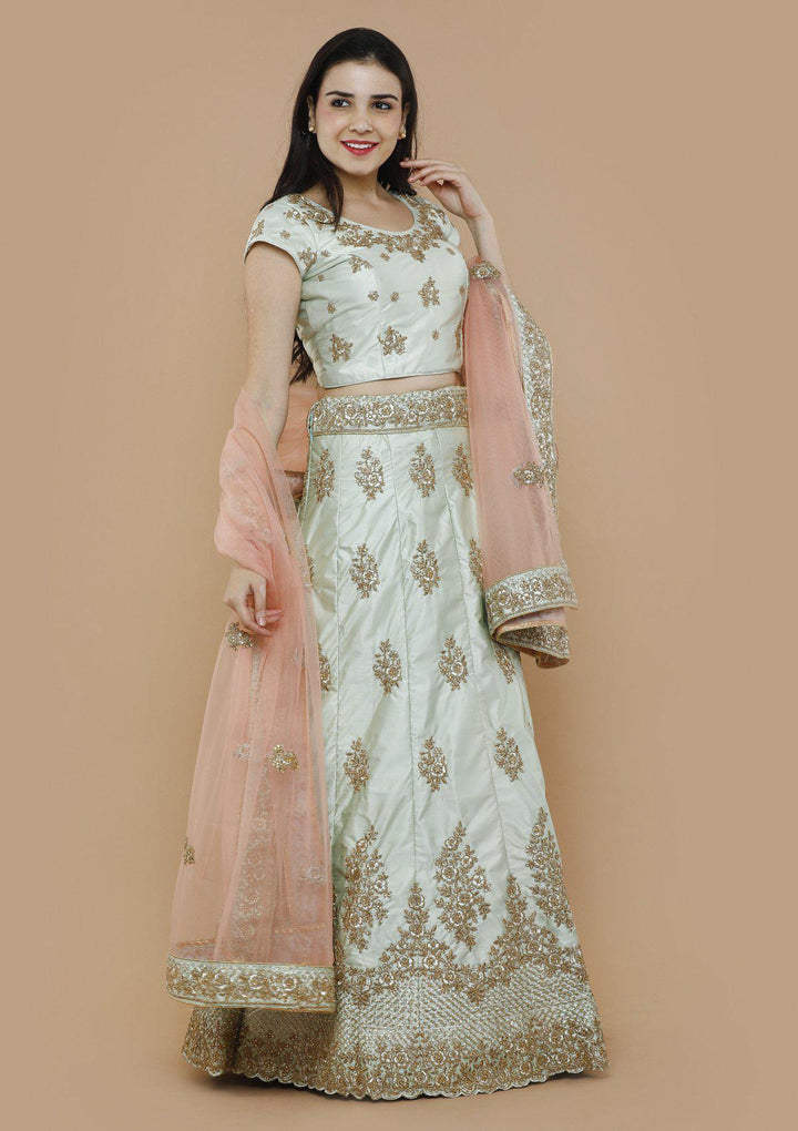 Mint Green Zari Work Silk Designer Lehenga-Koskii