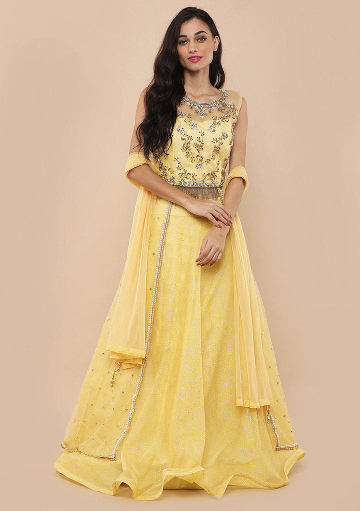 Melon Yellow Stone Work Silk Designer Lehenga-Koskii