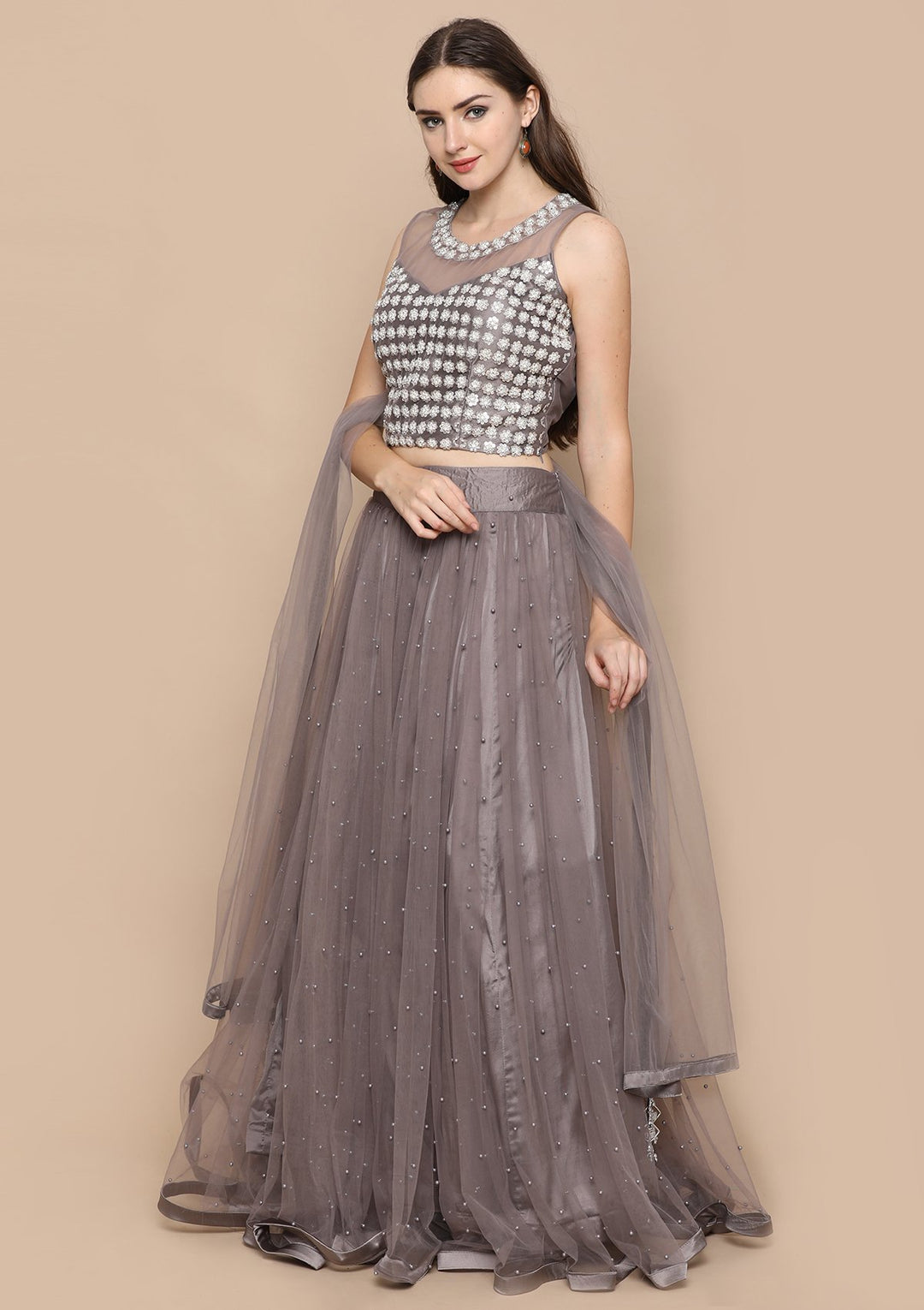 Dark Grey Pearl Embellished Satin Silk Designer Lehenga-Koskii