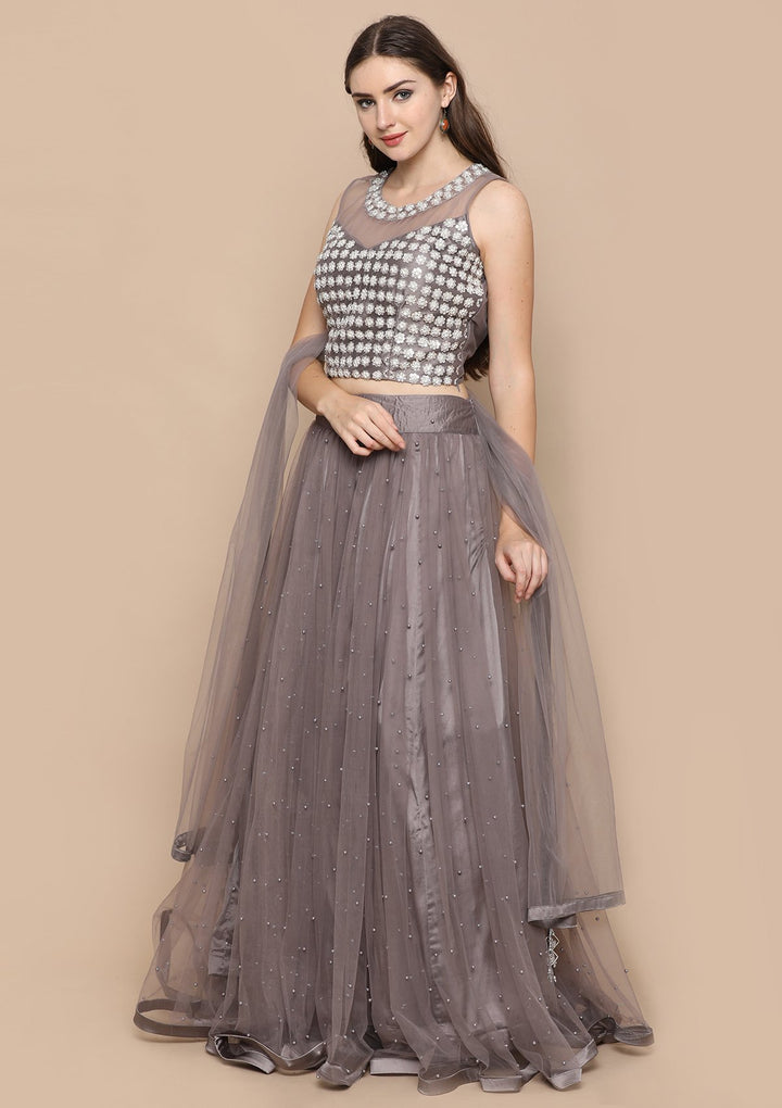 Dark Grey Pearl Embellished Satin Silk Designer Lehenga-Koskii
