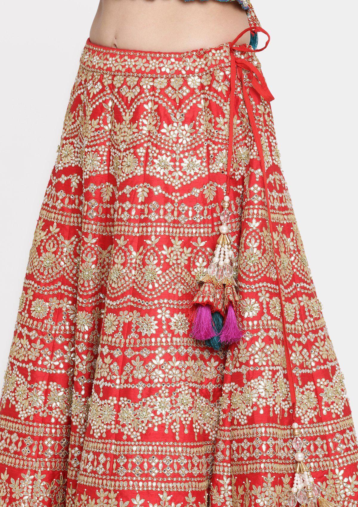 Red Gota Patti Raw Silk Designer Lehenga-Koskii