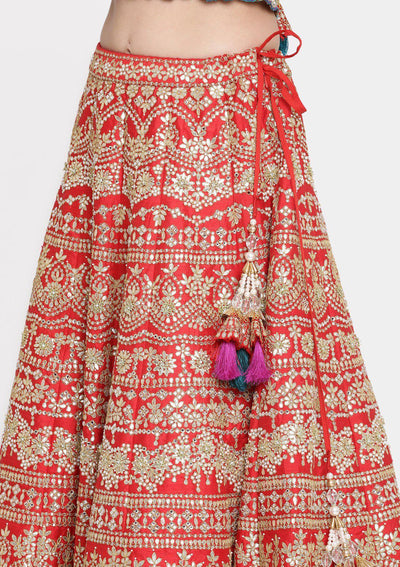 Red Gota Patti Raw Silk Designer Lehenga-Koskii