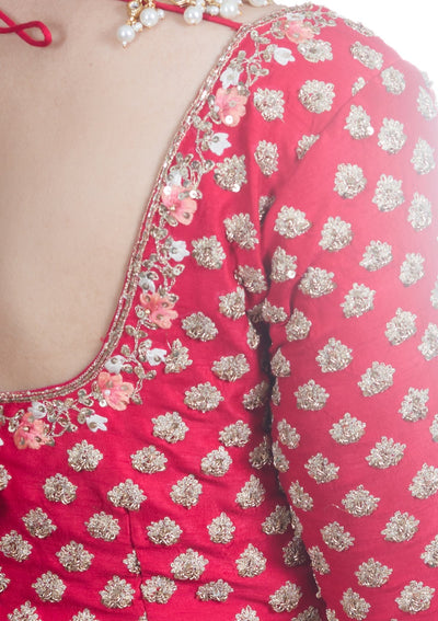 Coral Pink Pearl Embellished Designer Bridal Lehenga-Koskii