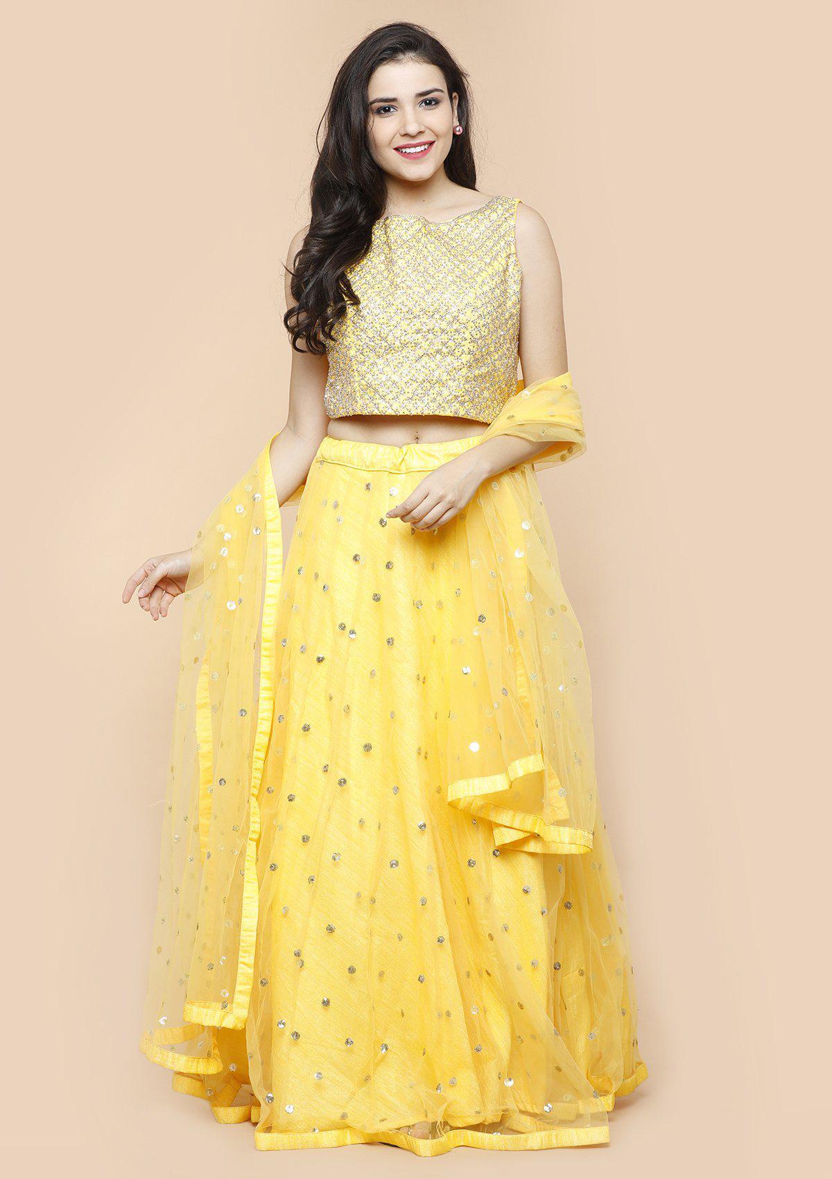 Sunshine Yellow Embellished Silk Designer Lehenga-Koskii