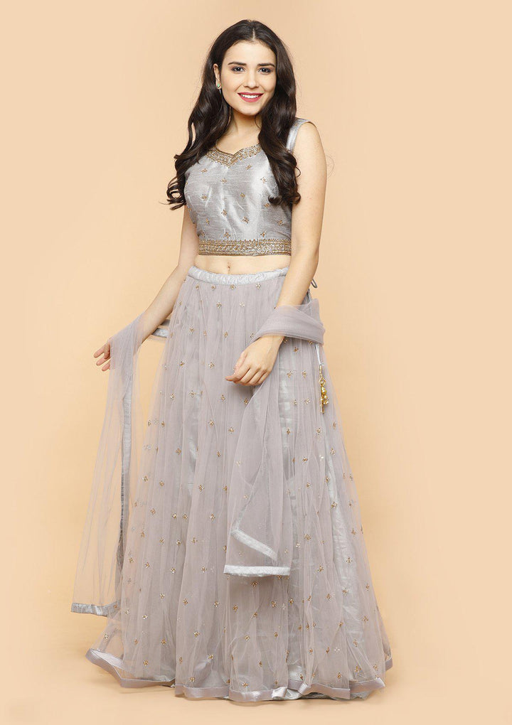 Steel Grey Stonework Silk Designer Lehenga-Koskii