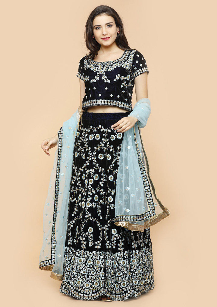 koskii blue floral velvet bridal lehenga-Koskii