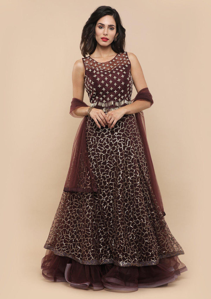 Wine Cutdana Raw Silk Designer Lehenga-Koskii