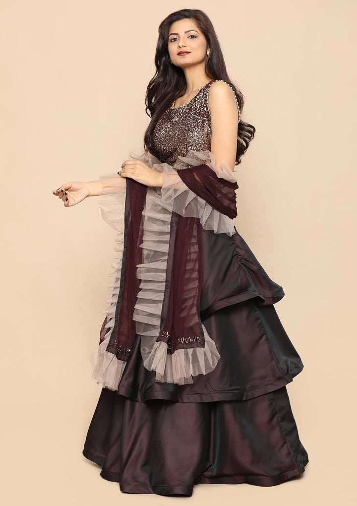 Wine Sequinned Top And Tiered Lehenga-Koskii