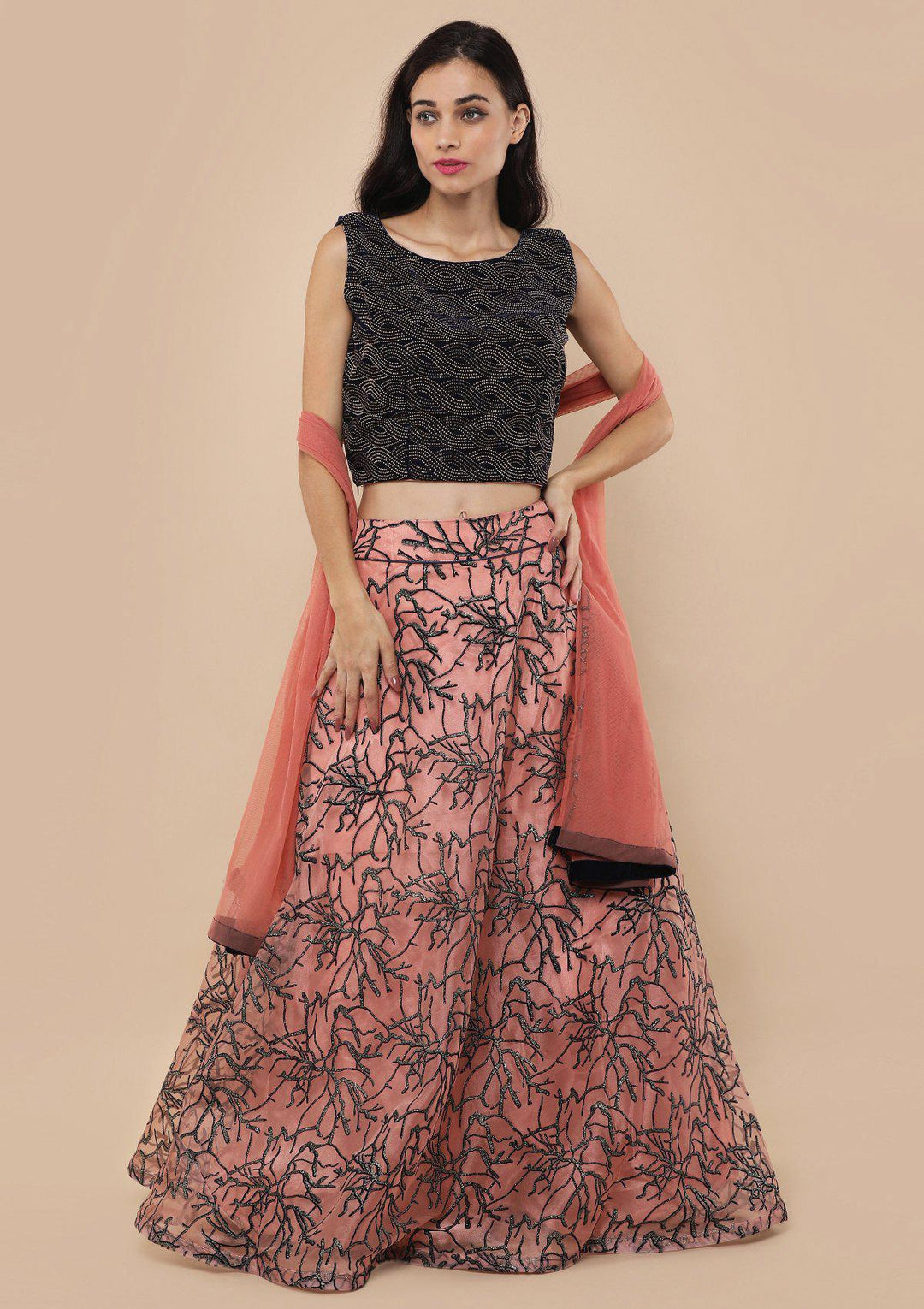 Pink Zari Work Velvet Net Lehenga-Koskii