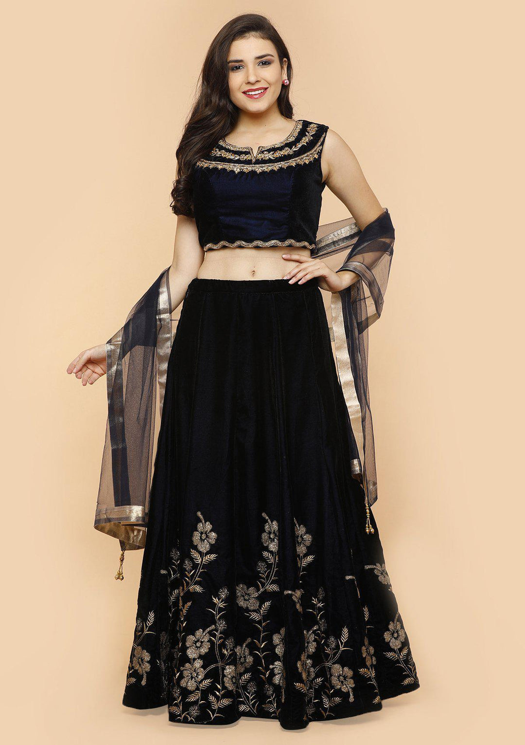 Midnight Blue Embellished Velvet Designer Lehenga-Koskii