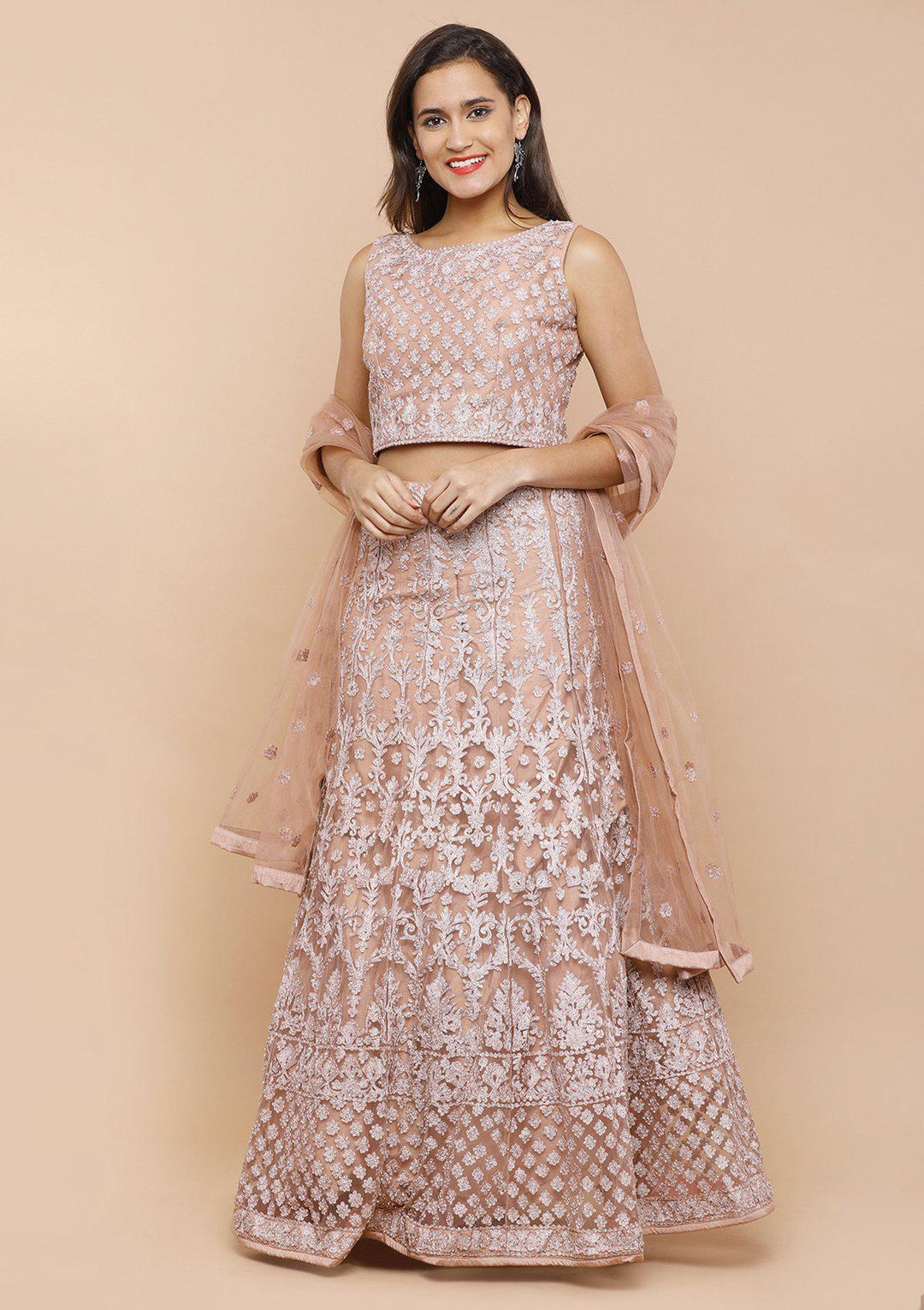 Dusty Rose Threadwork Net Designer Lehenga-Koskii