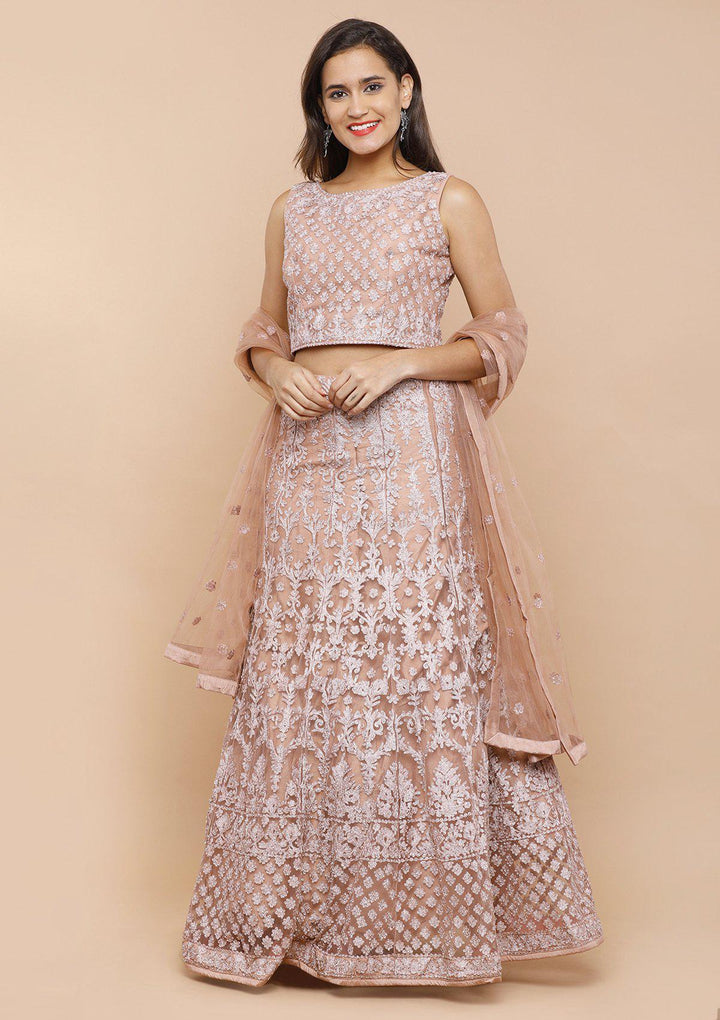 Dusty Rose Threadwork Net Designer Lehenga-Koskii