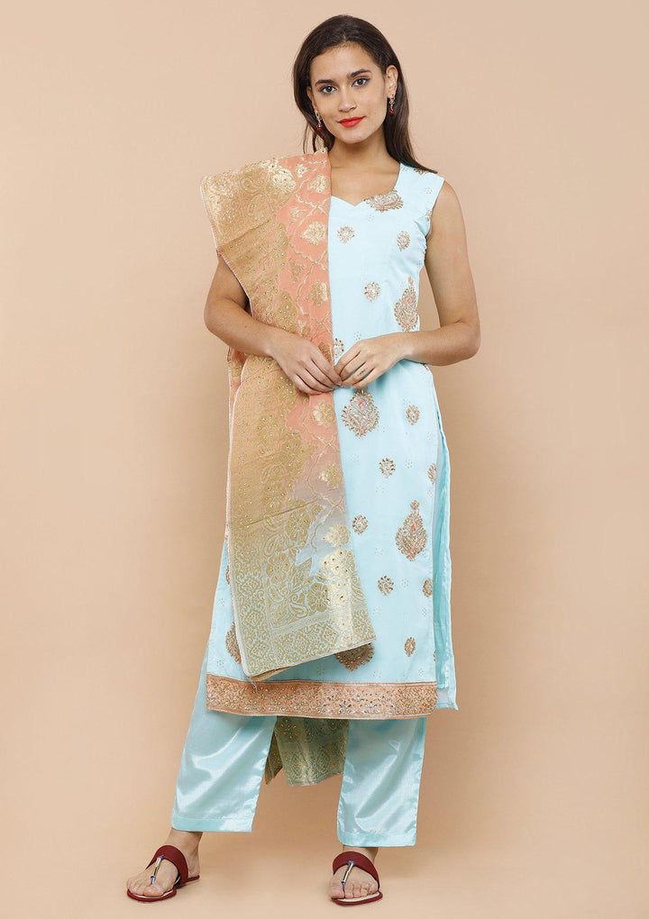 Peach and Blue Silk Designer Salwar Suit-Koskii