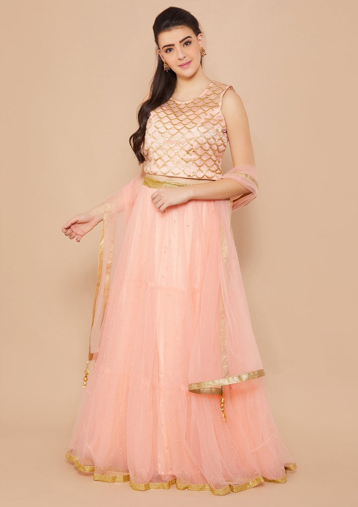 Coral Pink Cutdana Raw-Silk Lehenga-Koskii
