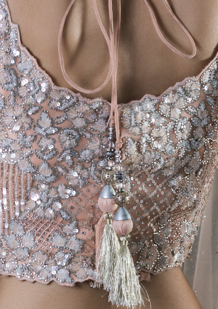 Peach Sequinned Net Designer Lehenga-Koskii