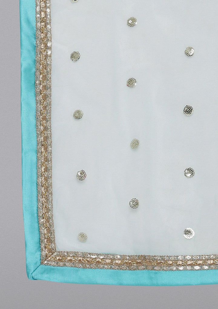 Sea Green Mirrorwork Net Designer Lehenga-Koskii