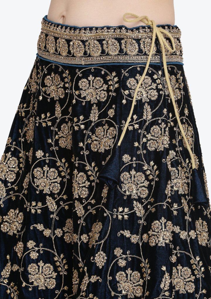 Peacock Blue Stonework Velvet Designer Lehenga-Koskii