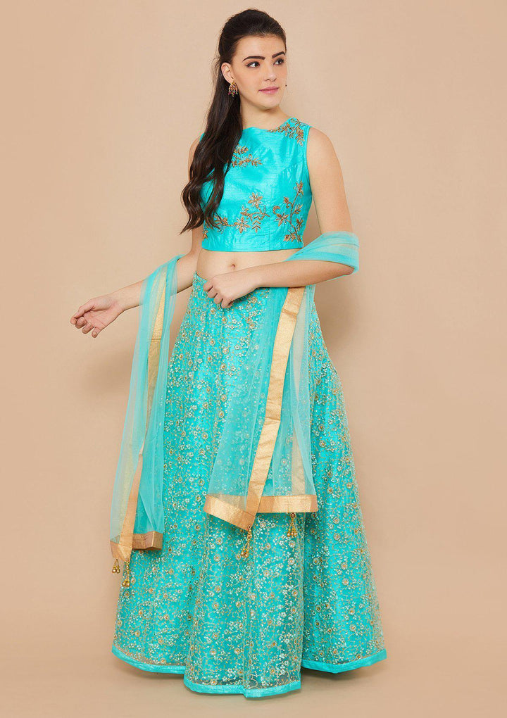 Cyan Zariwork Net Designer Lehenga-Koskii