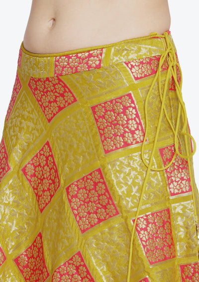 Yellow and Fuschia Mirrorwork Brocade Designer Lehenga-Koskii