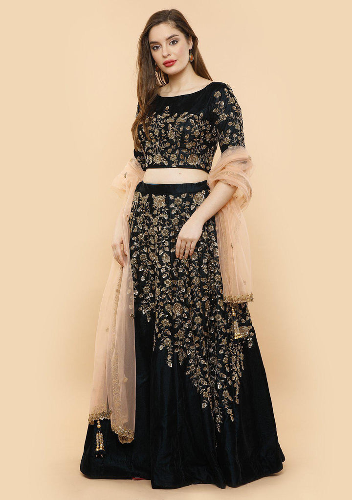 koskii forest green zari velvet bridal lehenga-Koskii