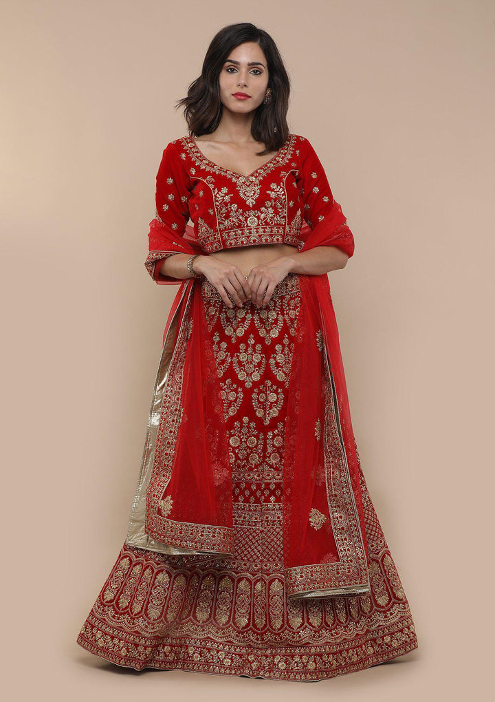 Red Embellished Velvet Designer Lehenga-Koskii