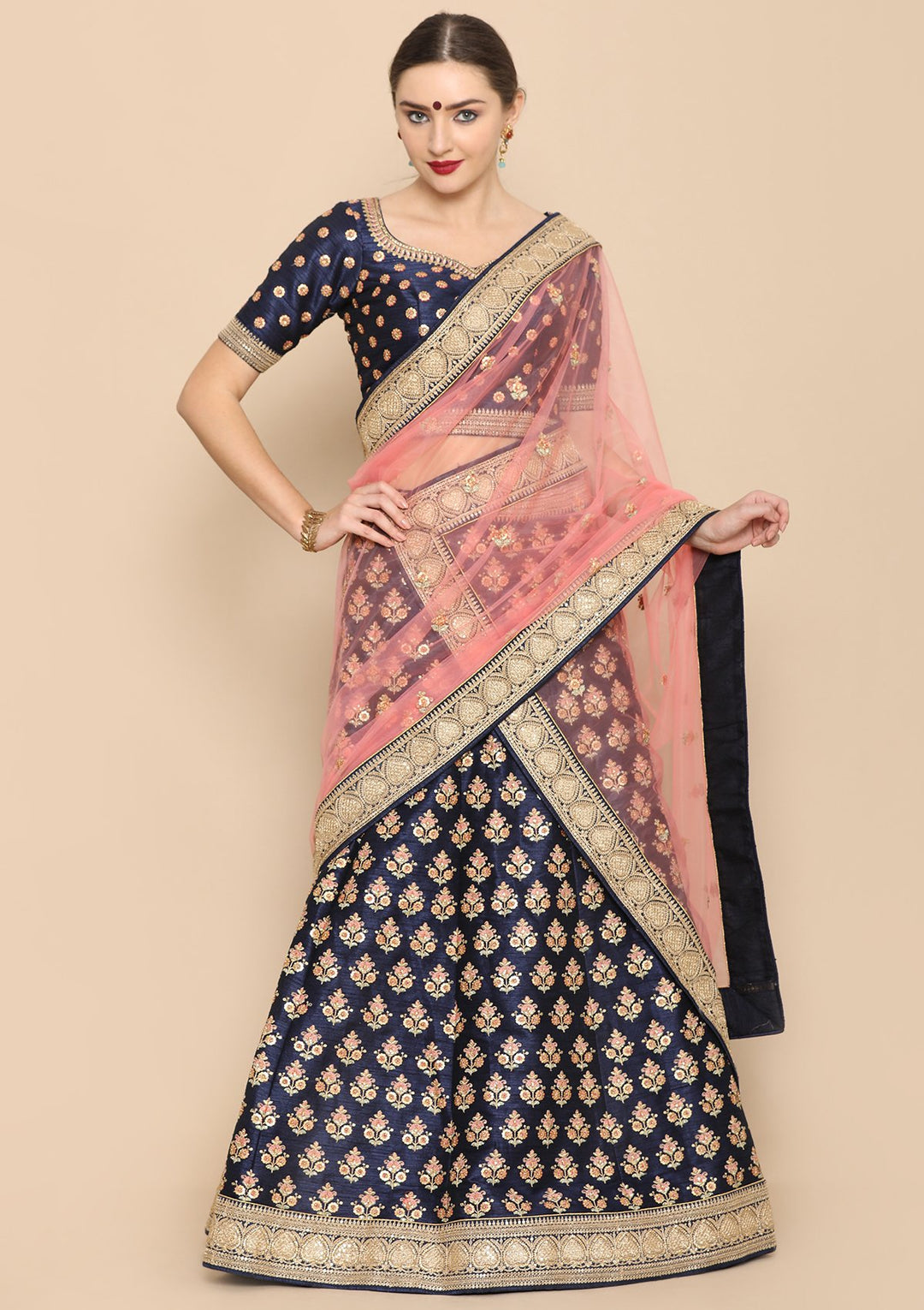 Navy Blue Sequinned Designer Lehenga-Koskii
