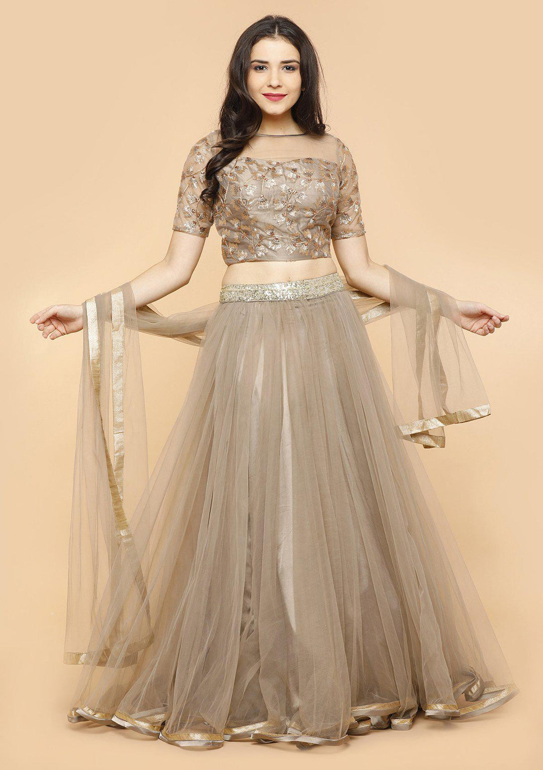 Koskii silver grey net Lehenga-Koskii