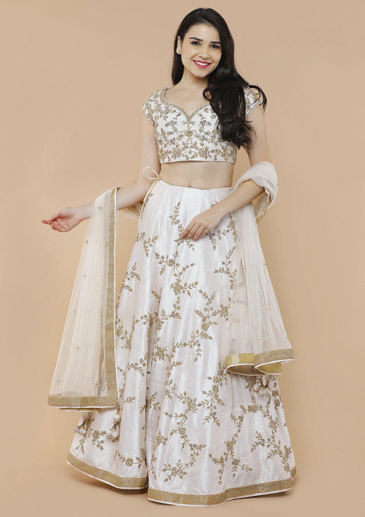 Ivory White Zardozi Work Designer Lehenga-Koskii