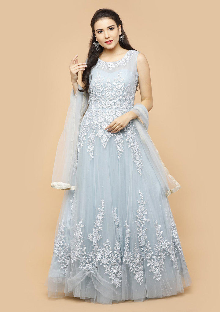 Powder Blue Threadwork Net Designer Gown-Koskii