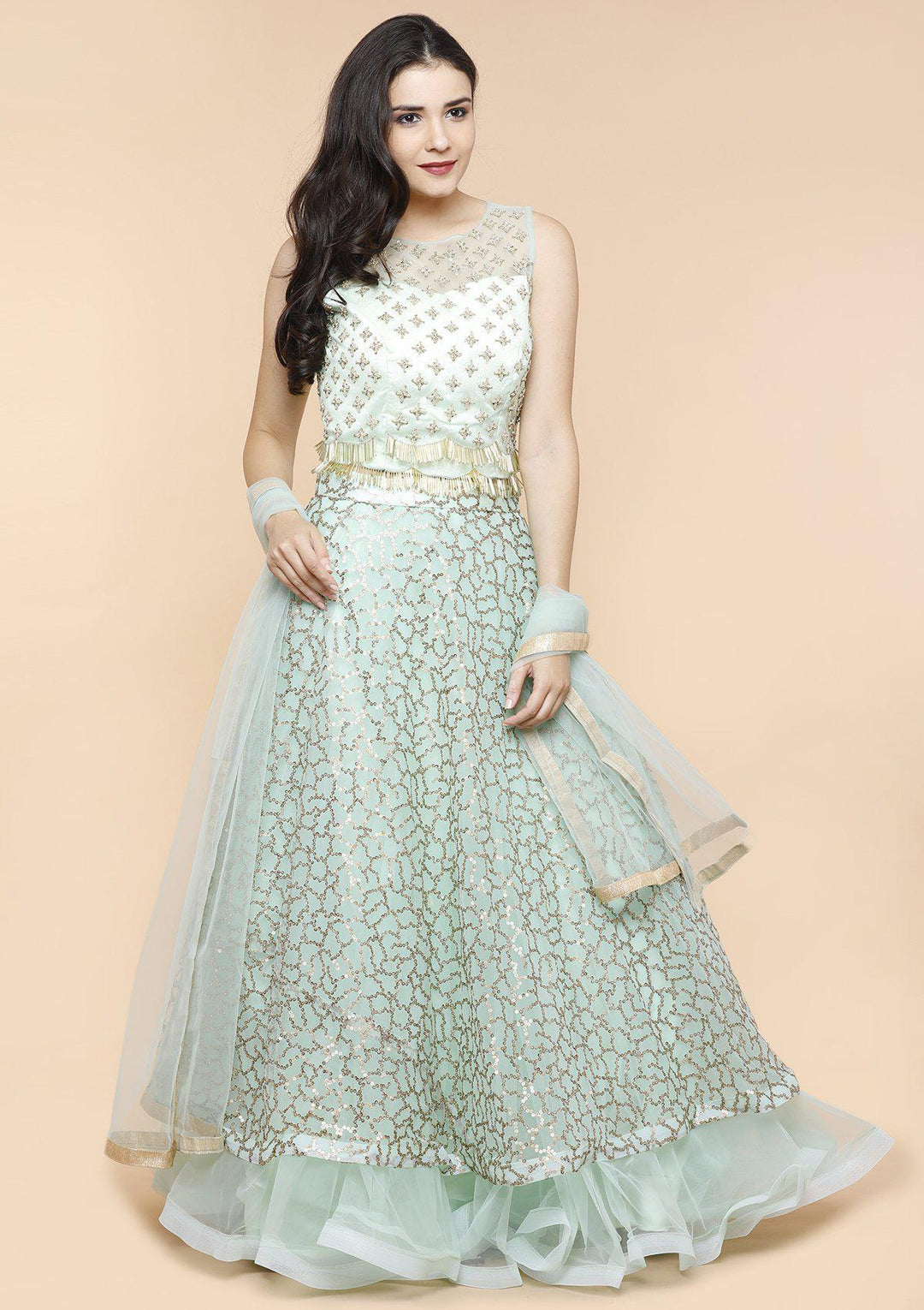 Sea Green Sequinned Designer Lehenga-Koskii